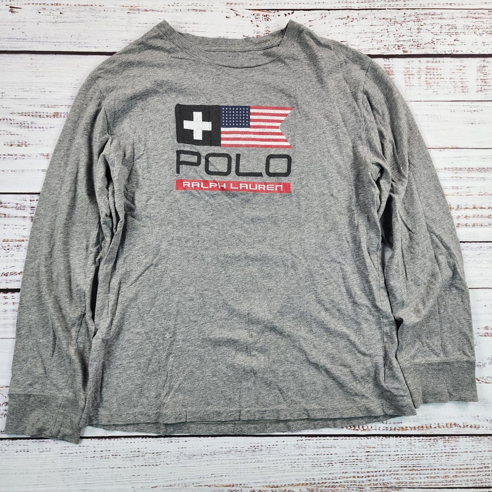 Polo Ralph Lauren Womens Large Gray Long Sleeve Tee American Flag Graphic